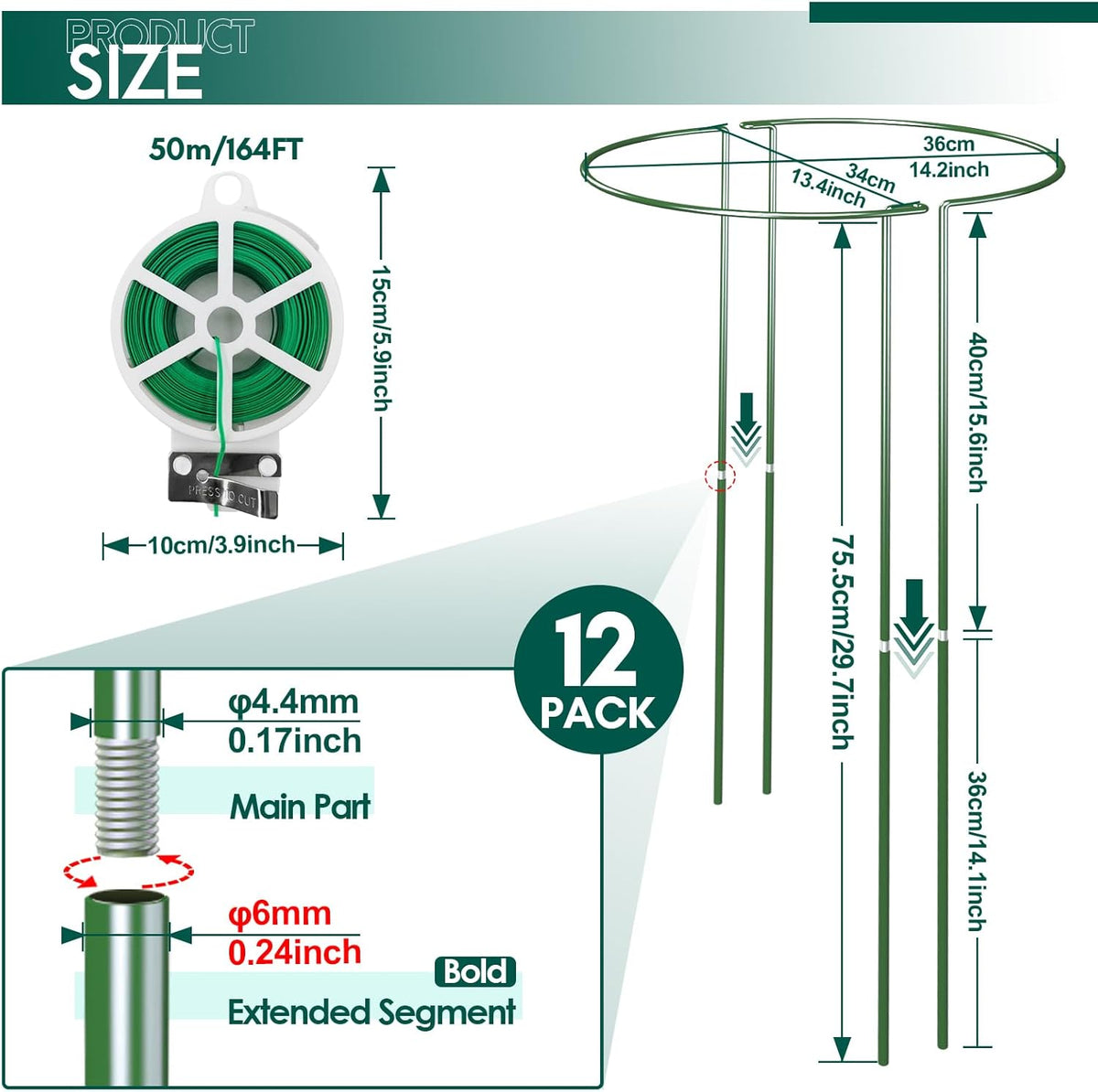 12 Pack 30 inch Plant Support Stakes, Heavy-Duty Half Round Peony Support, Garden Plant Stakes Cage