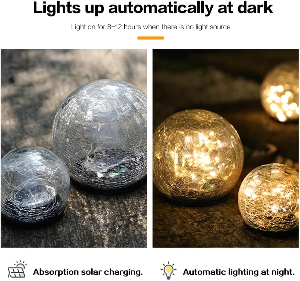 TOMEX 4 Pack Solar Garden Lights, Cracked Glass Ball Waterproof Warm White LED for Outdoor Decor