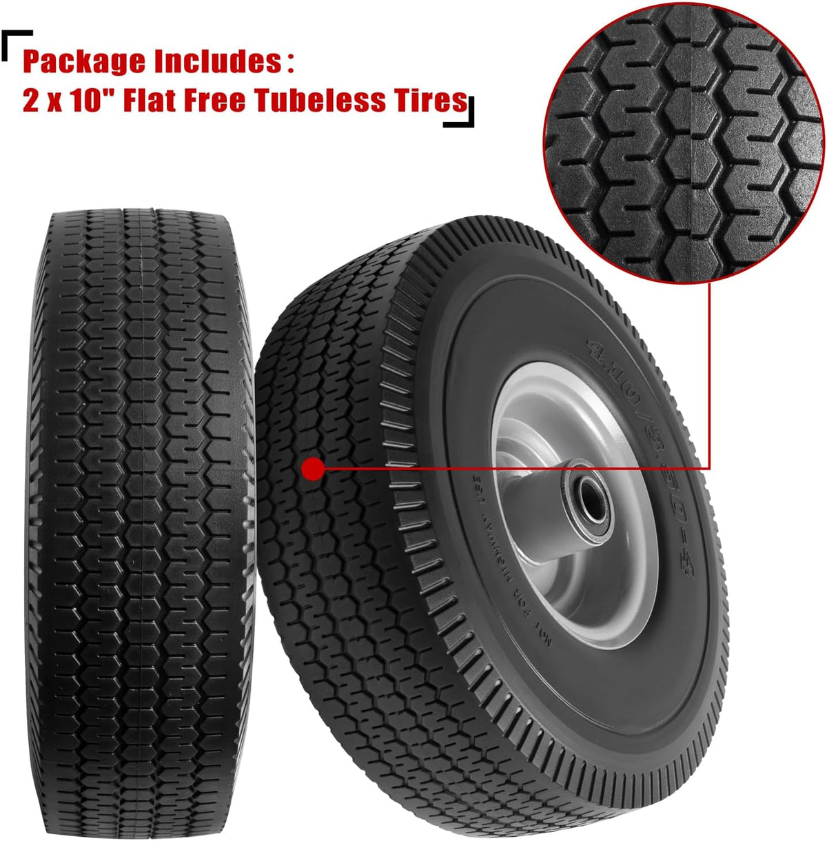 10" Solid Tire Replacement 4.10/3.50-4 Flat Free Tire and Wheel for Garden Carts, Hand Trucks