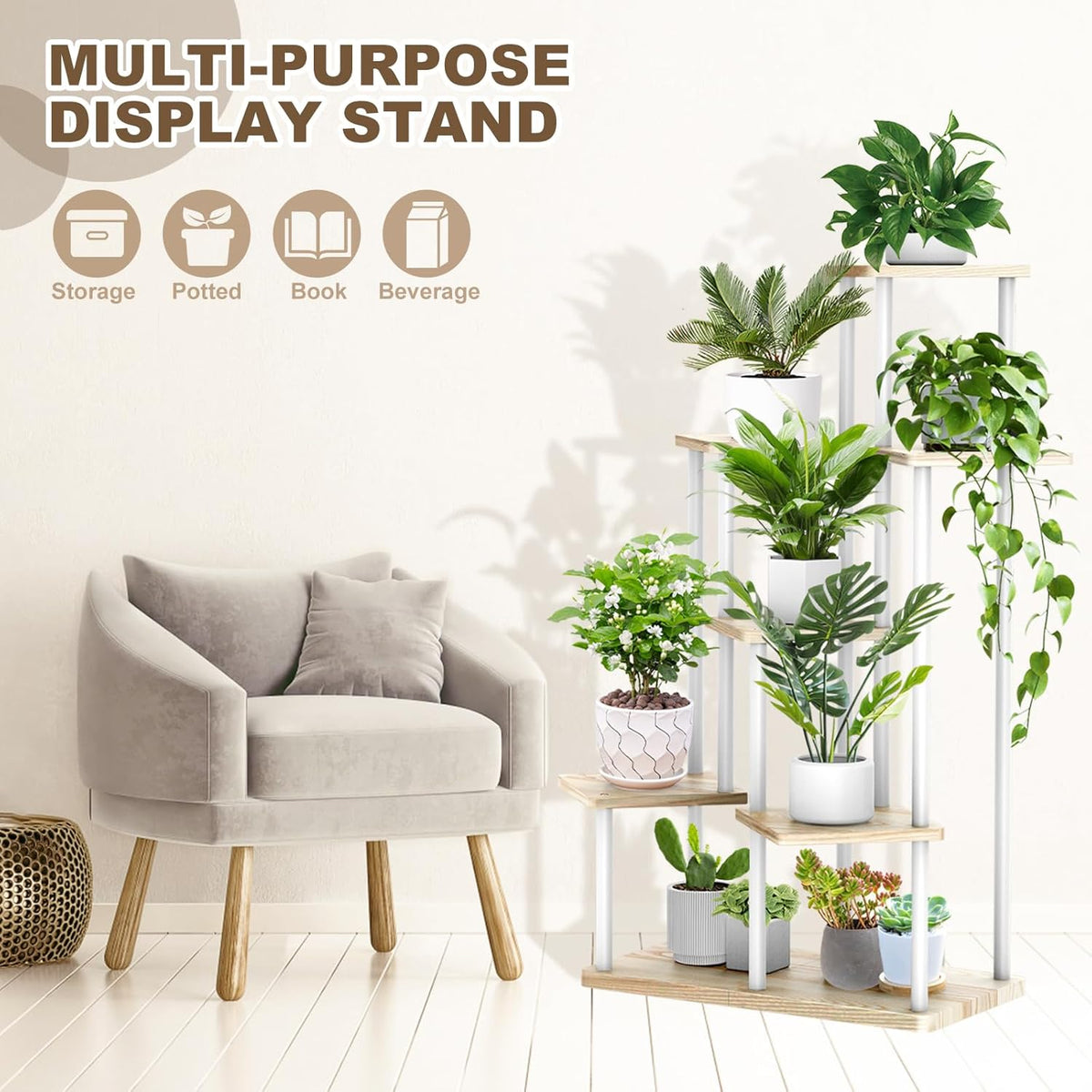 7 Tier Wood Tall Plant Stand Metal Rack Indoor, Multiple Flower Pot Holder Shelves Corner Rack