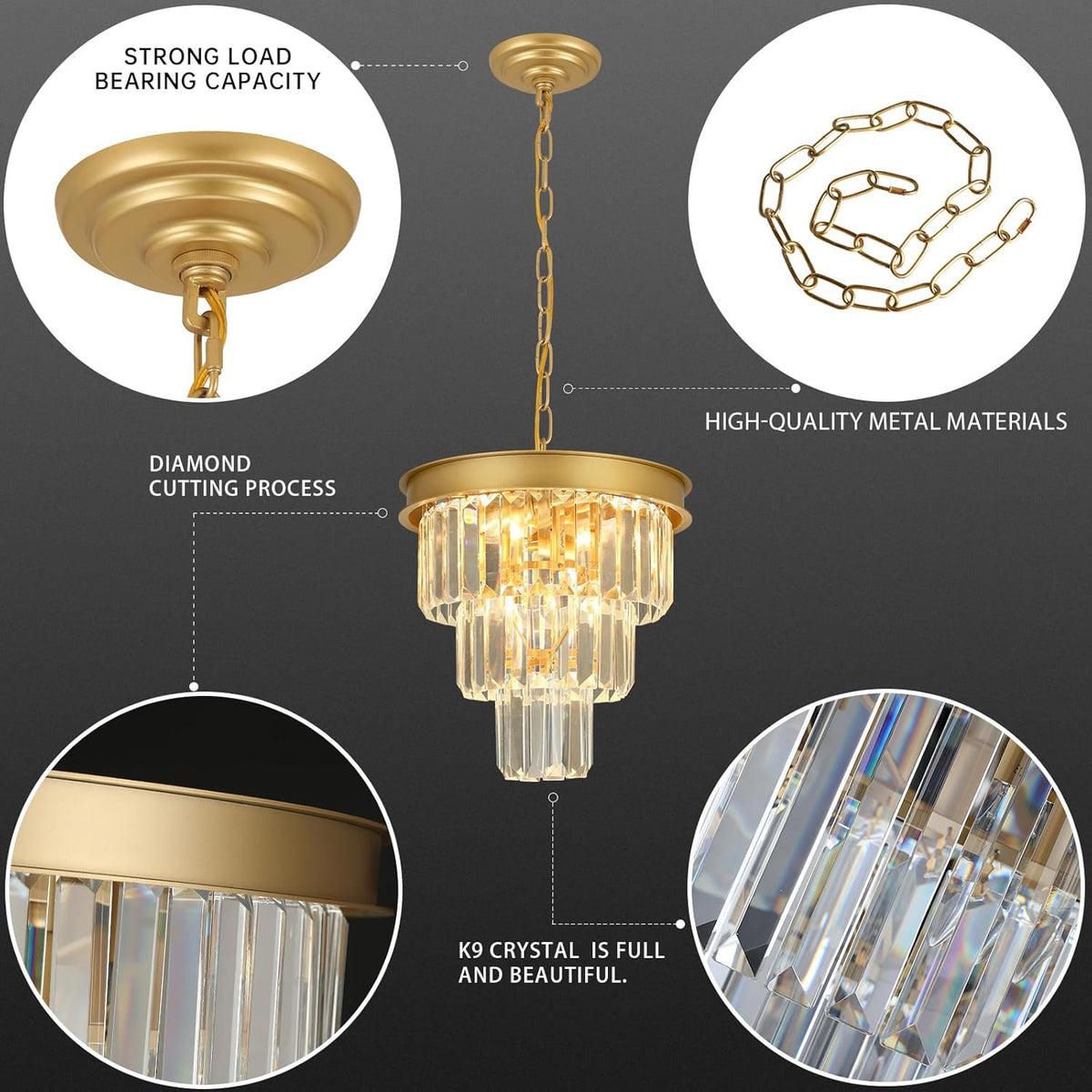 Crystal Chandeliers for Dining Room Light Fixtures Over Table，4-Lights Modern Gold Crystal Pendant