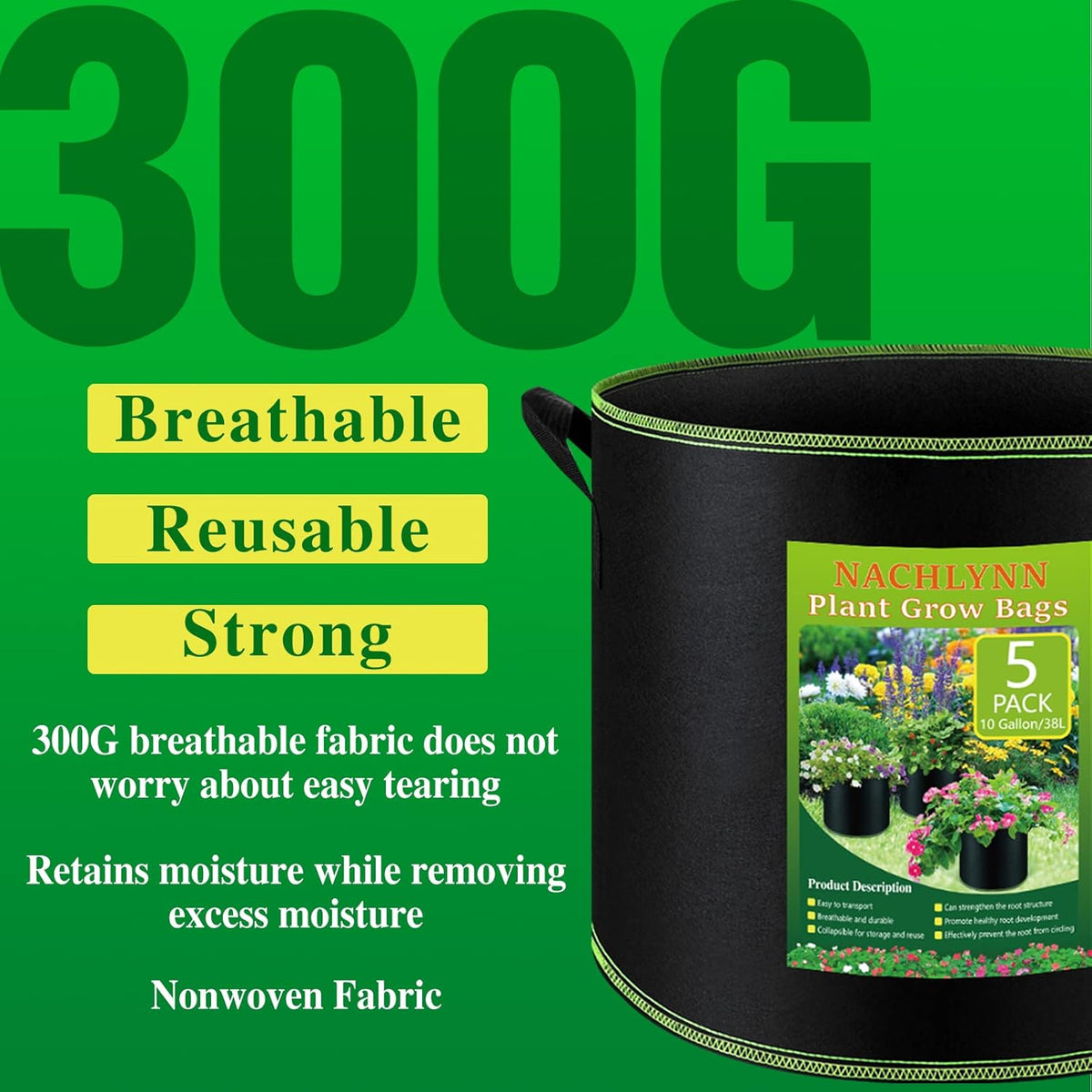 NACHLYNN 5-Pack 10 Gallon Grow Bags with Handles Thickened Nonwoven Fabric Pots Heavy Duty Aeration