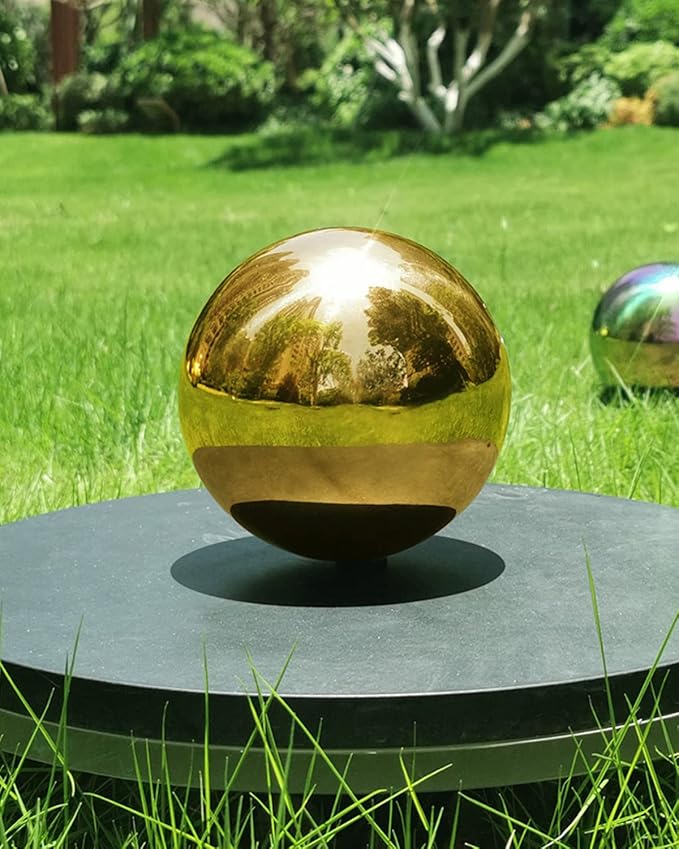 Gold Gazing Globe Mirror Ball in Stainless Steel, Shiny Hollow Sphere Sparkling Housewarming
