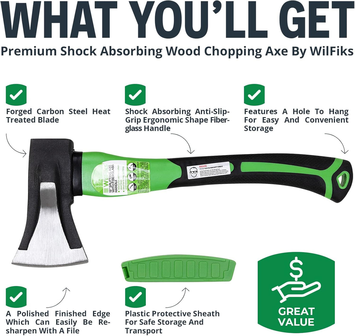 WilFiks Splitting Axe, 15” Camping Hatchet for Chopping and Kindling Wood and Branches, Forged