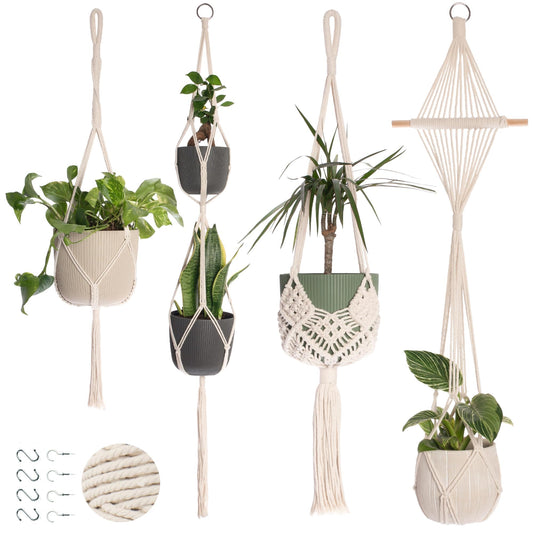 Nook Theory 4-Pack Macrame Plant Hangers with 8 Hooks - Hanging Planters for Indoor Plants, Boho