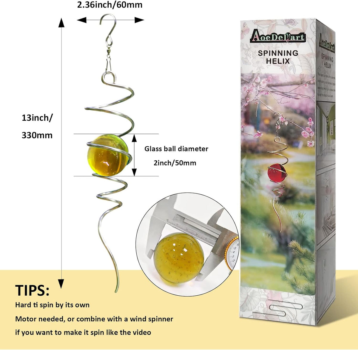 Gazing Ball Spiral Decorative Tail Wind Spinner Sun Catcher 11inch Tail and 2 inch Glass Orb. Wind