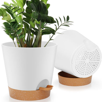 8-Inch Plant Pots, Self-Watering Planters with Drainage Holes & Saucers for Indoor and Outdoor