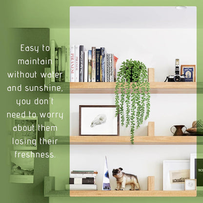 Fake Plants Indoor Artificial String of Pearls Plant in Black Pots, Long - Trail Realistic Green