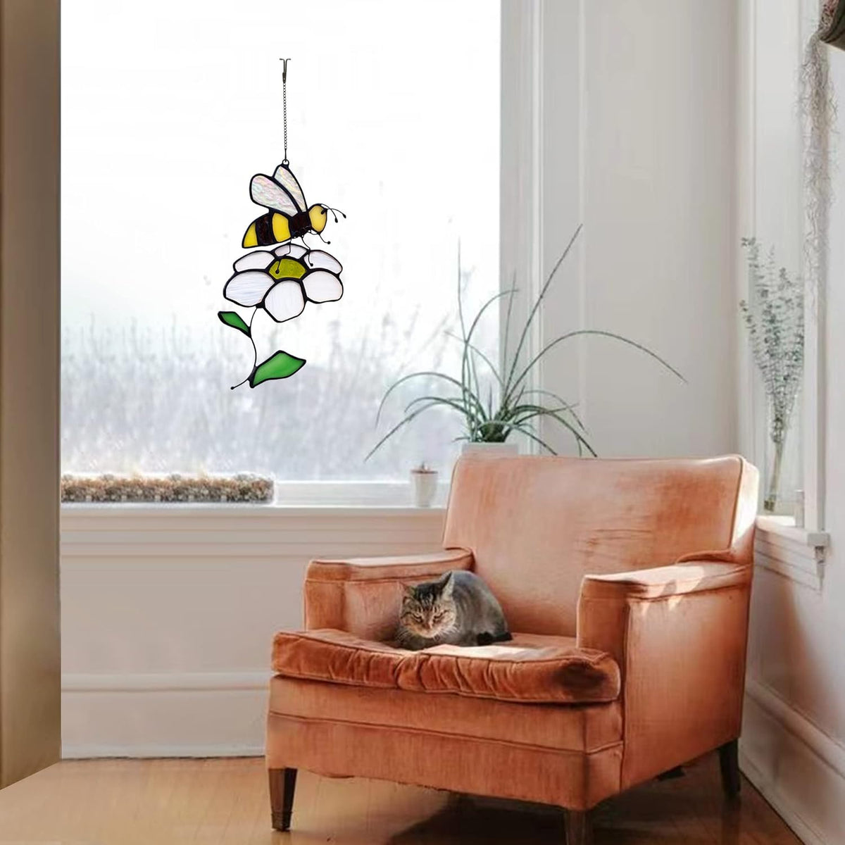 Bee Suncatcher Flower Stained Glass Window Hangings, Bee Decor Party Birthday Bee Gifts for