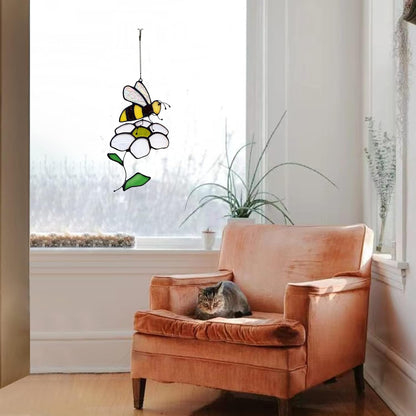 Bee Suncatcher Flower Stained Glass Window Hangings, Bee Decor Party Birthday Bee Gifts for