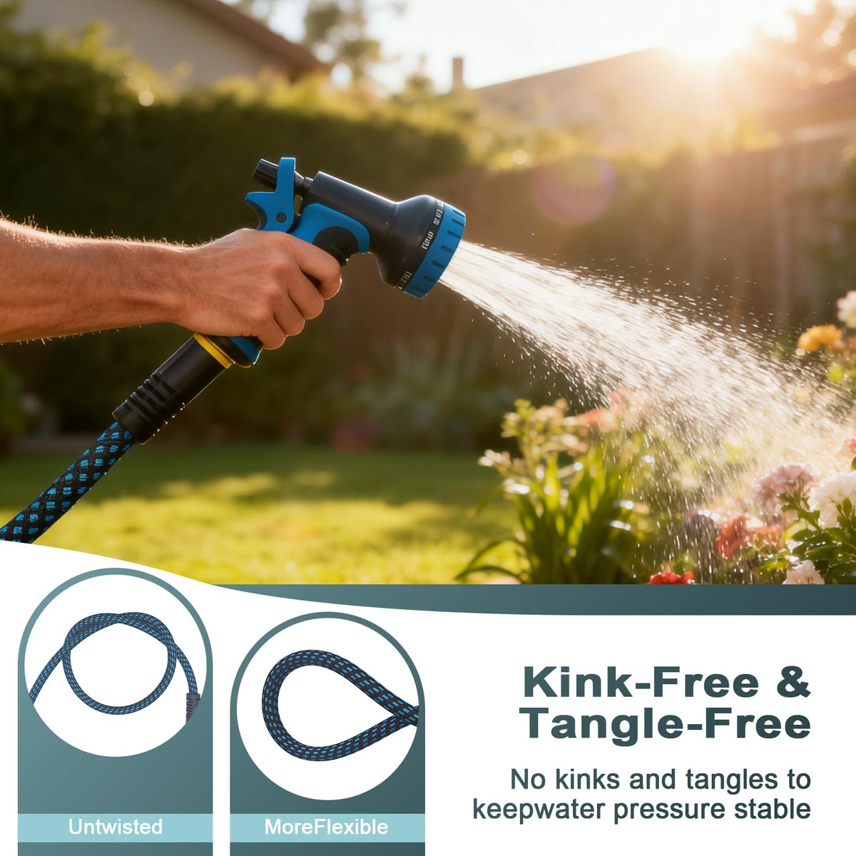 Garden Hose 50ft, Non-Expanding Water Hose Ultra Lightweight, Kink-Free Flexible Hose with