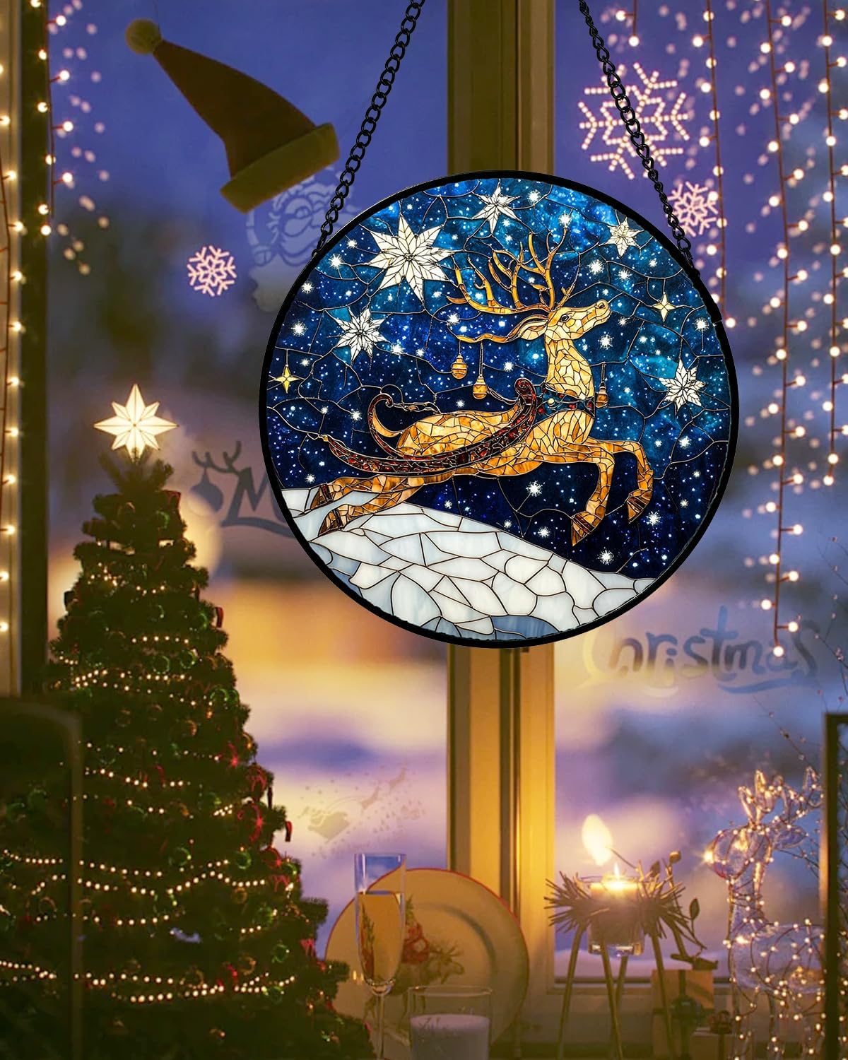 Stained Glass Window Hanging - Reindeer Blue Starry Sky Suncatcher for Doors Home Christmas
