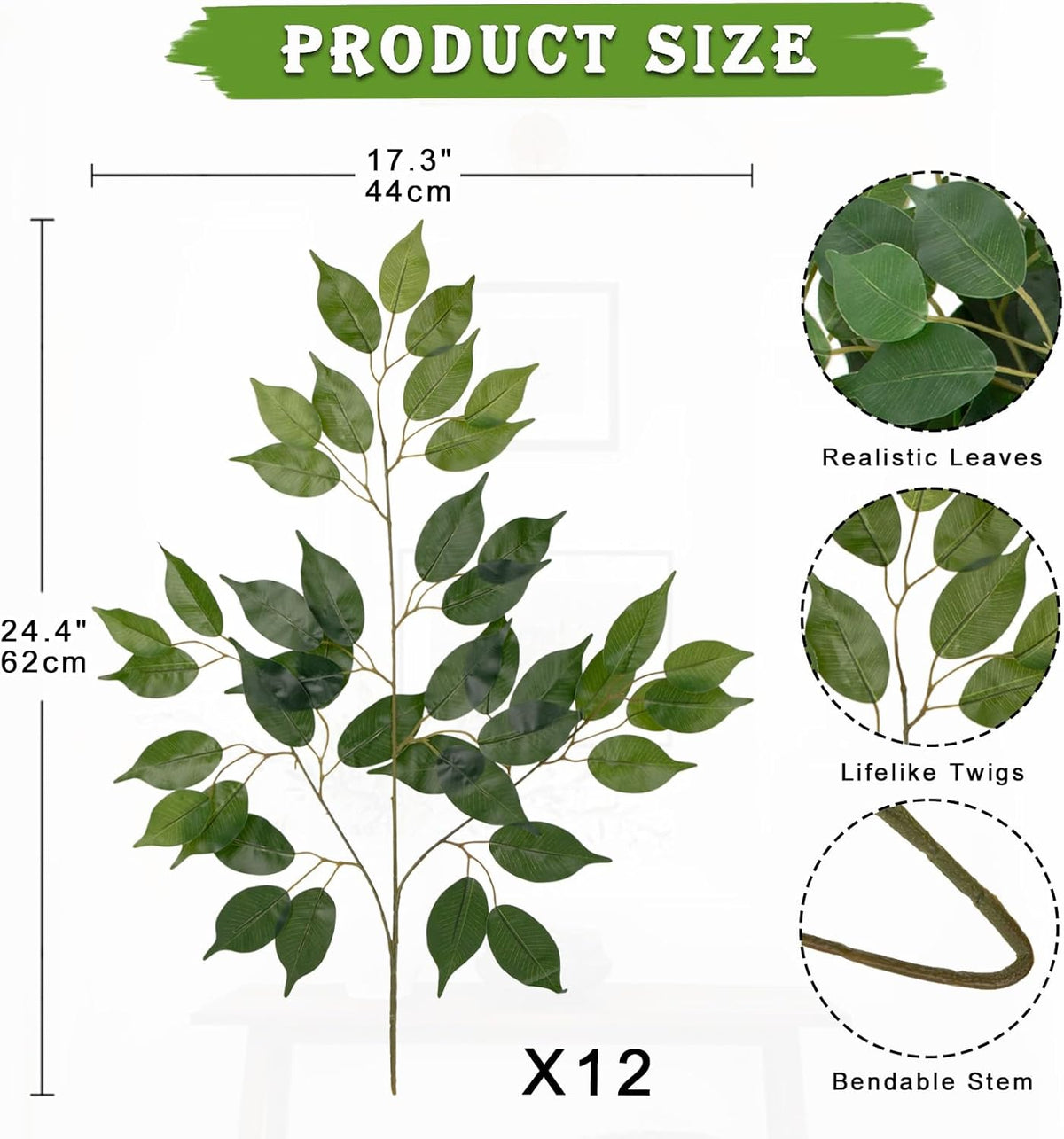 12PCS Ficus Leaves Artificial Branches 24" Faux Ficus Greenery Tree Branches Fake Ficus Leaves