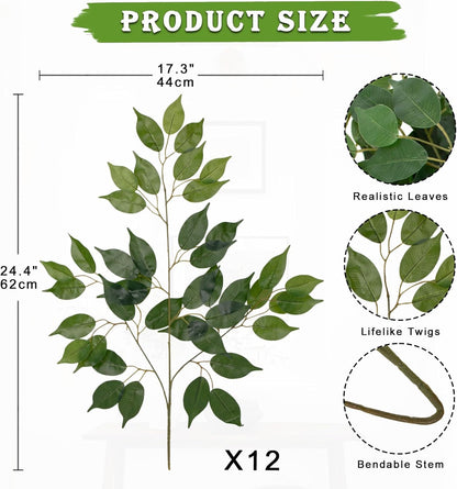 12PCS Ficus Leaves Artificial Branches 24" Faux Ficus Greenery Tree Branches Fake Ficus Leaves