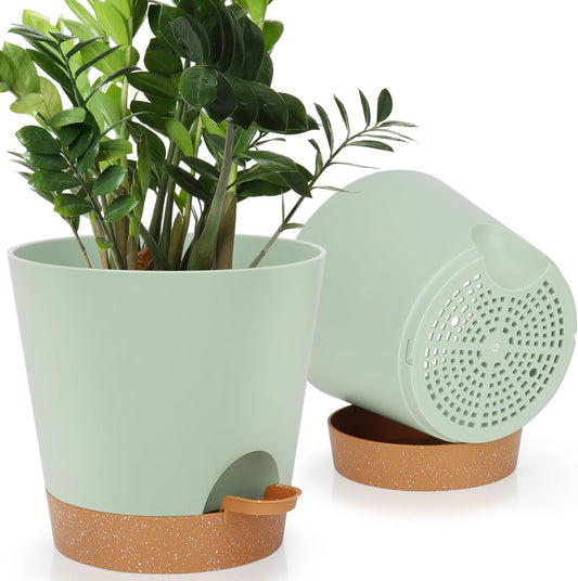 8-Inch Plant Pots, Self-Watering Planters with Drainage Holes & Saucers for Indoor and Outdoor