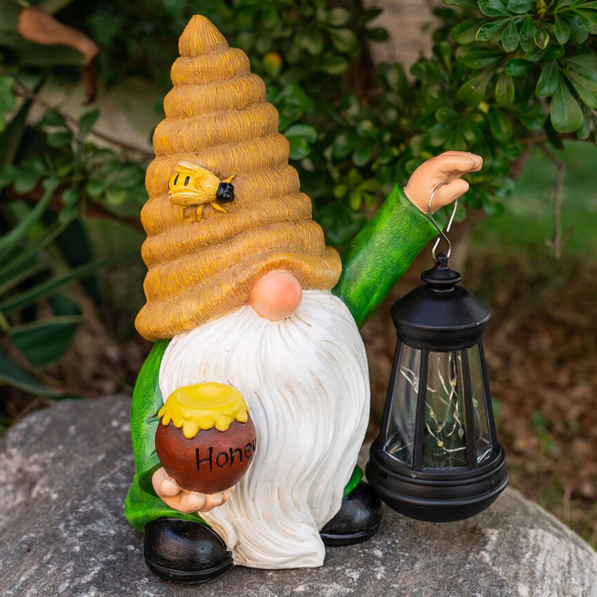 12.3''Solar Garden Gnomes Outdoor Decor Honey Bee jar Gnome Statues with LED Lantern Xmas Patio