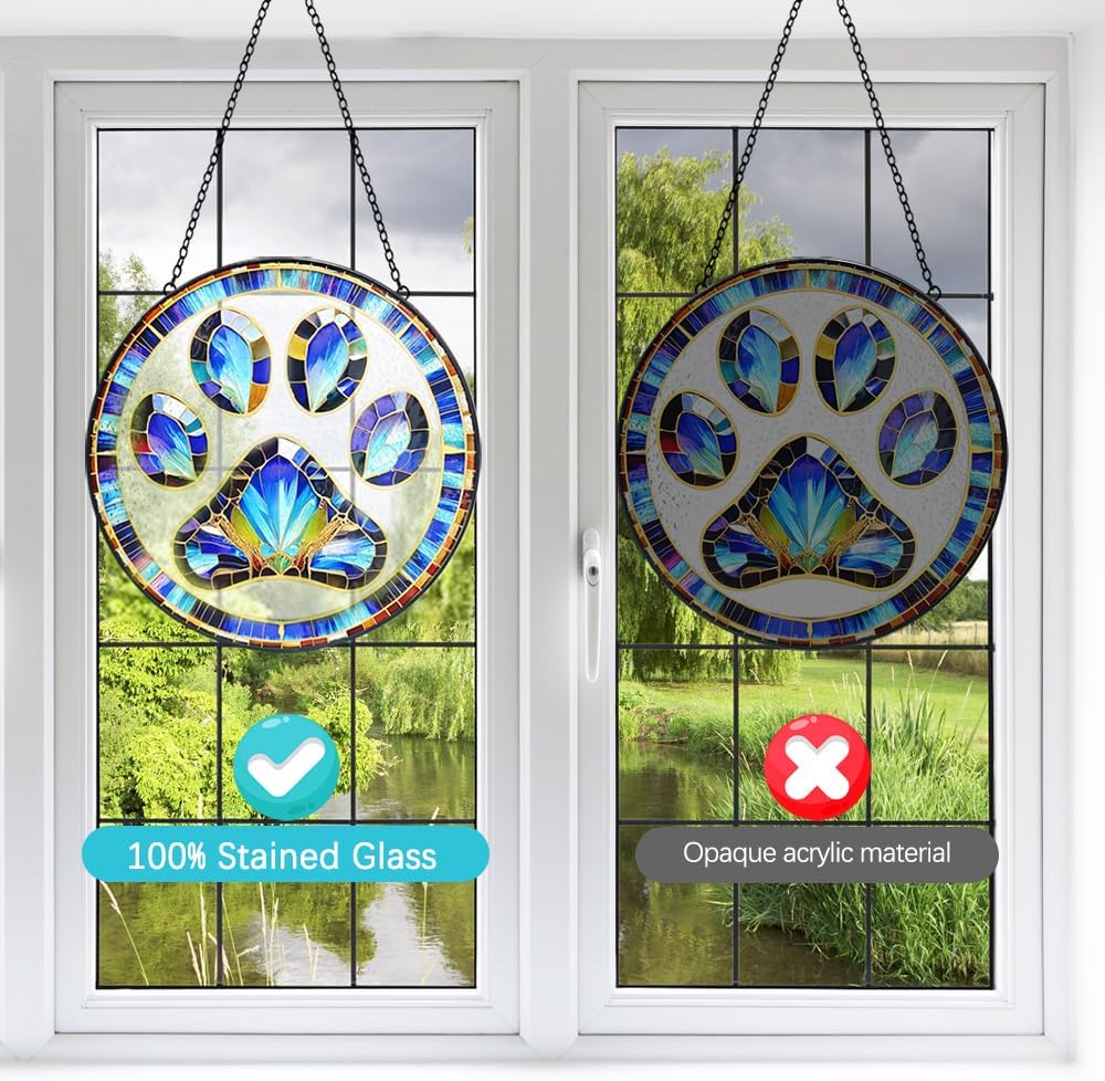 Paw Print Suncatcher Stained Glass Window Hanging - 8” Paw Print Stained Glass Suncatchers for