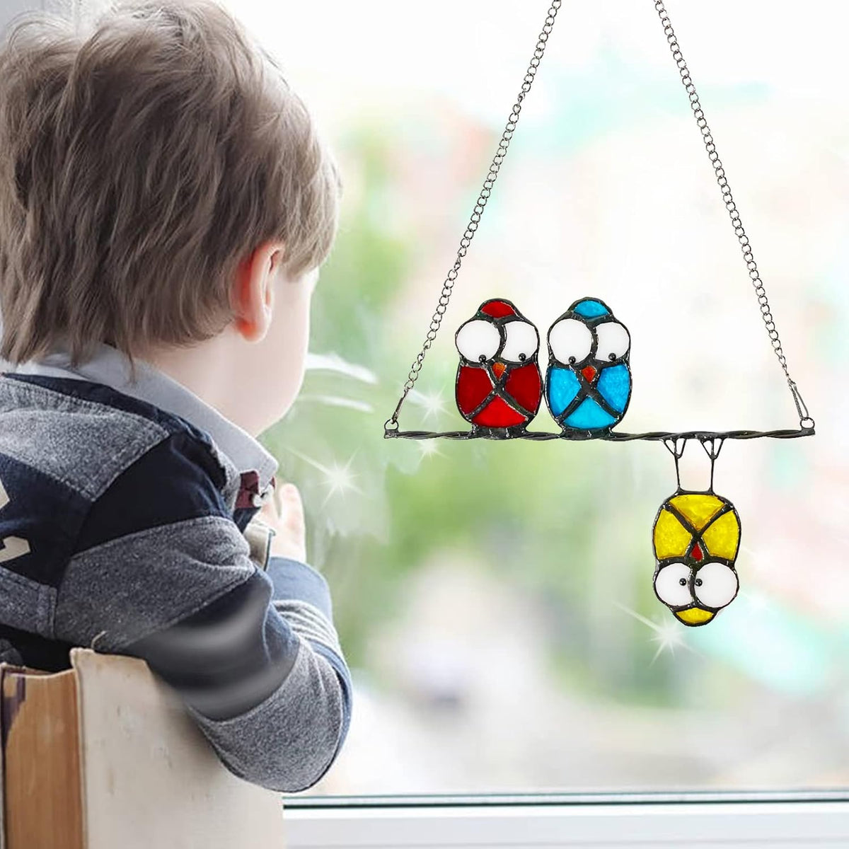 Double-Side High Stained Glass Suncatcher Panel, Multicolor Owls Suncatcher for Windows Doors Room