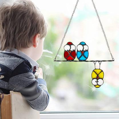 Double-Side High Stained Glass Suncatcher Panel, Multicolor Owls Suncatcher for Windows Doors Room