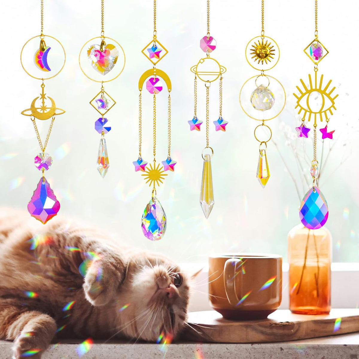 Sun Catchers 6Pieces Colorful Crystals Suncatcher with Chain Pendant Ornaments Hanging Crystals