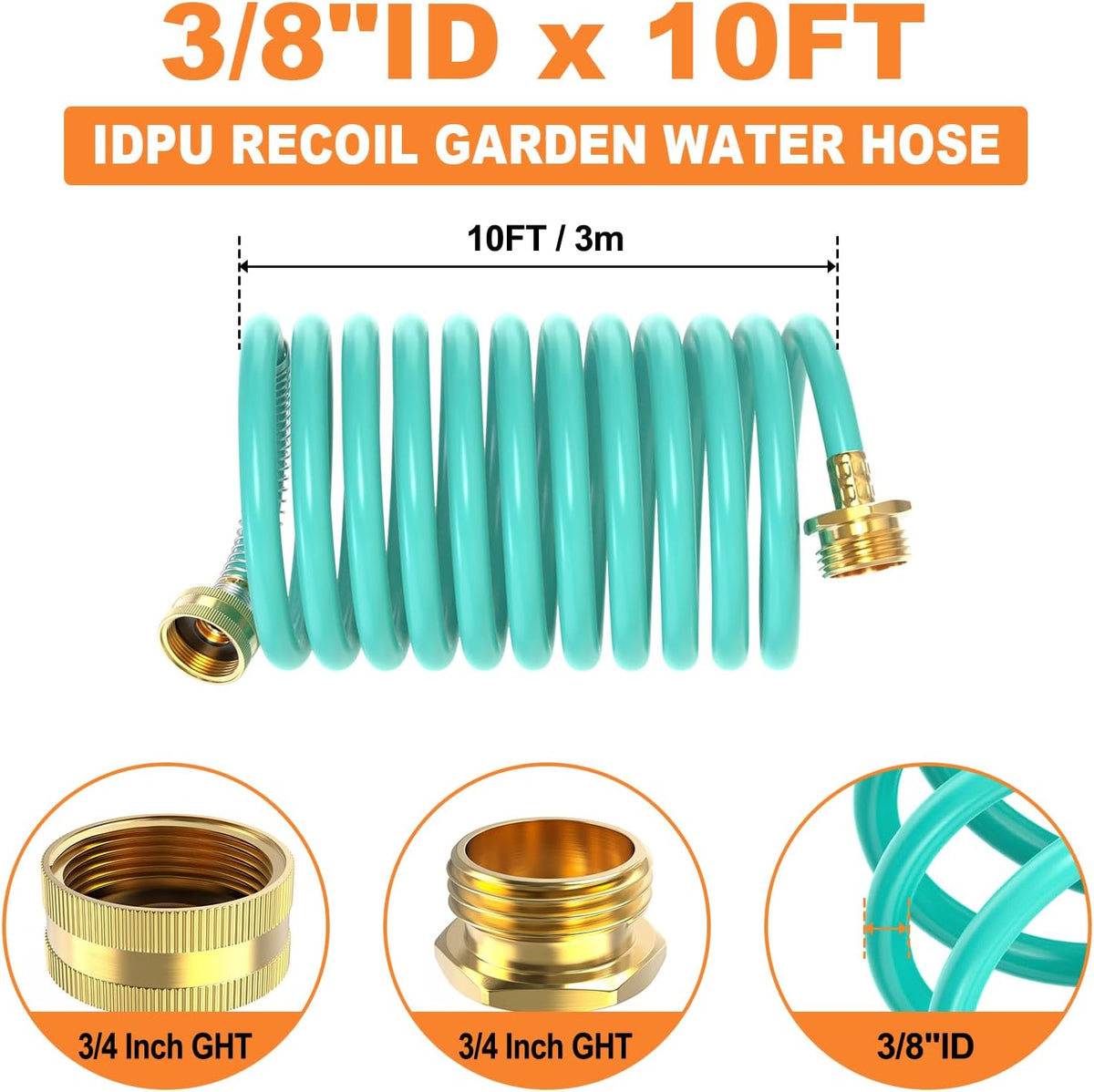 GASHER 10FT PU Recoil Garden Water Hose with 3/4"Inch Brass Fittings Retractable, Swivel Female for