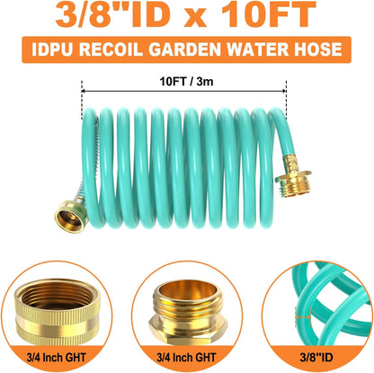 GASHER 10FT PU Recoil Garden Water Hose with 3/4"Inch Brass Fittings Retractable, Swivel Female for