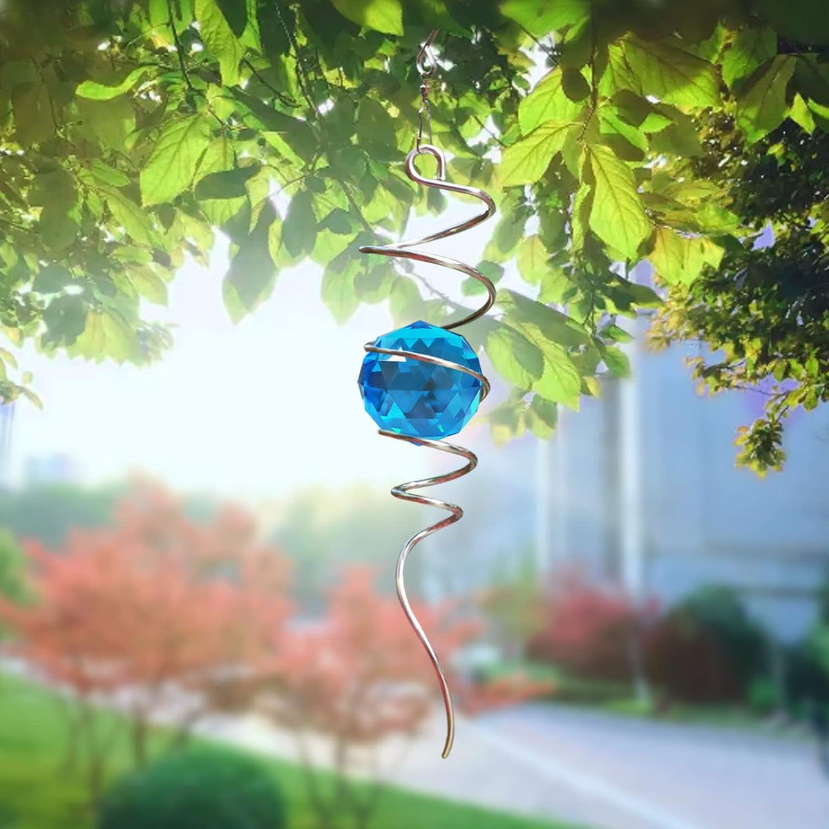 Gazing Ball Spiral Tail, Wind Spinner Spiral Peacock Blue Crystal Orb with Swivel Hook, Sun Catcher