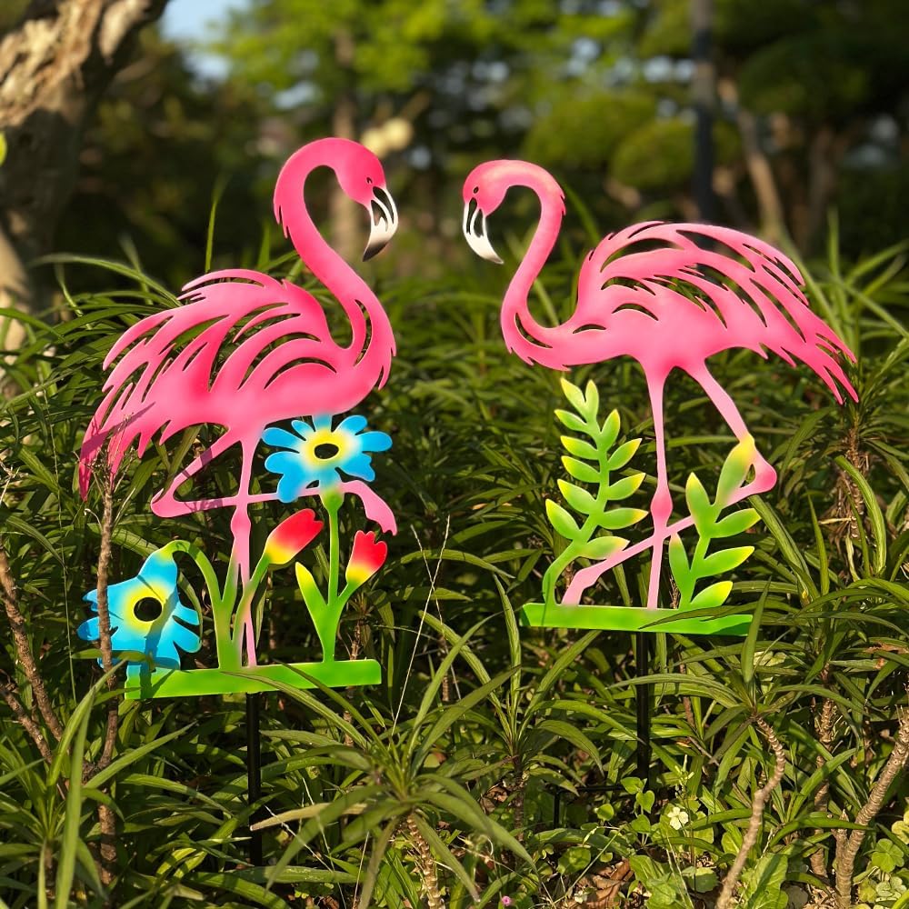 2 Pack Pink Flamingo Garden Statue - 20.5 inch Hand Flamingo Painted Metal Patio Art, Outdoor