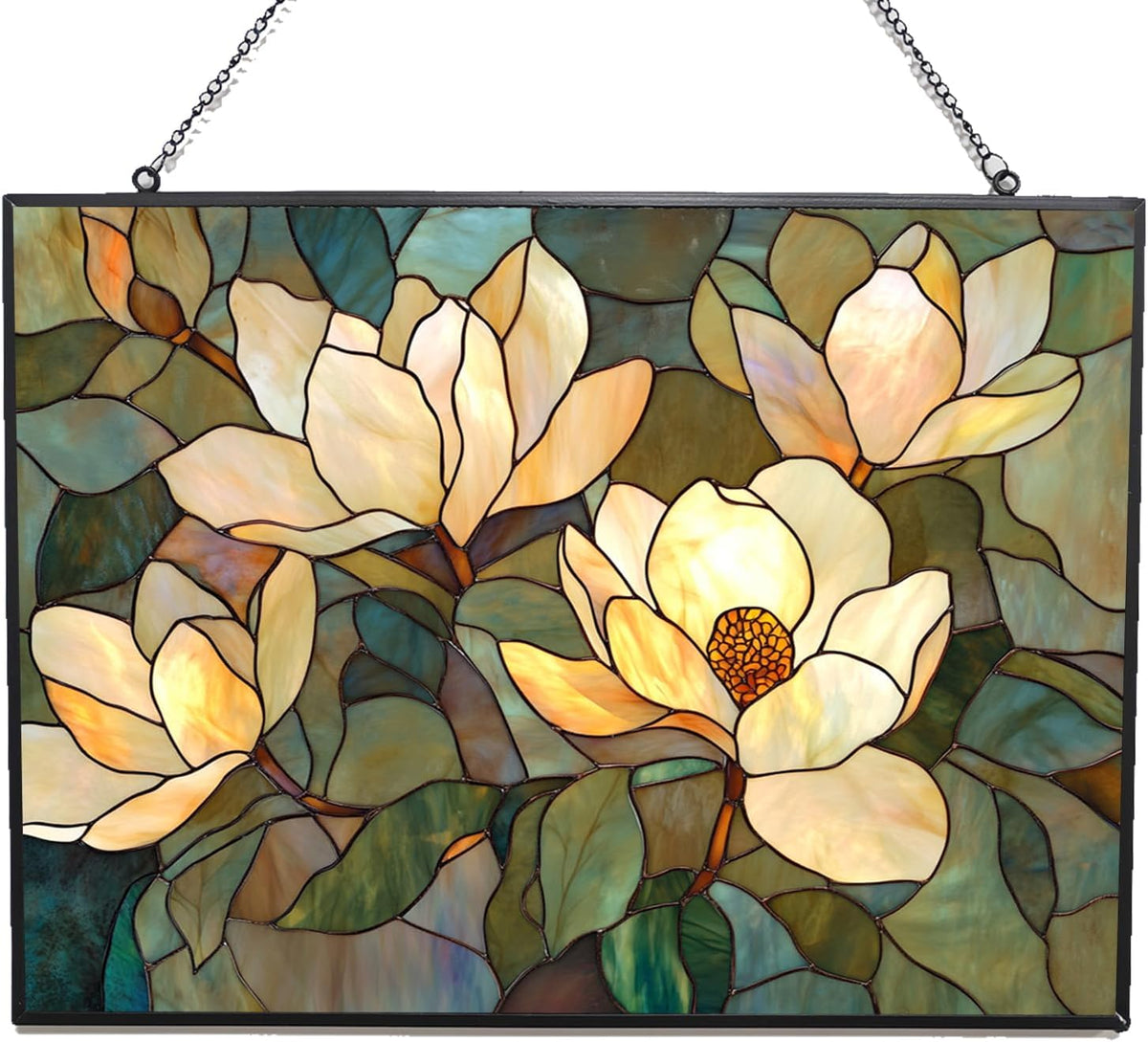 Rectangle Art Nouveau Twilight Magnolia Stained Glass Window Hanging, 15" W X 11" H Stained Glass