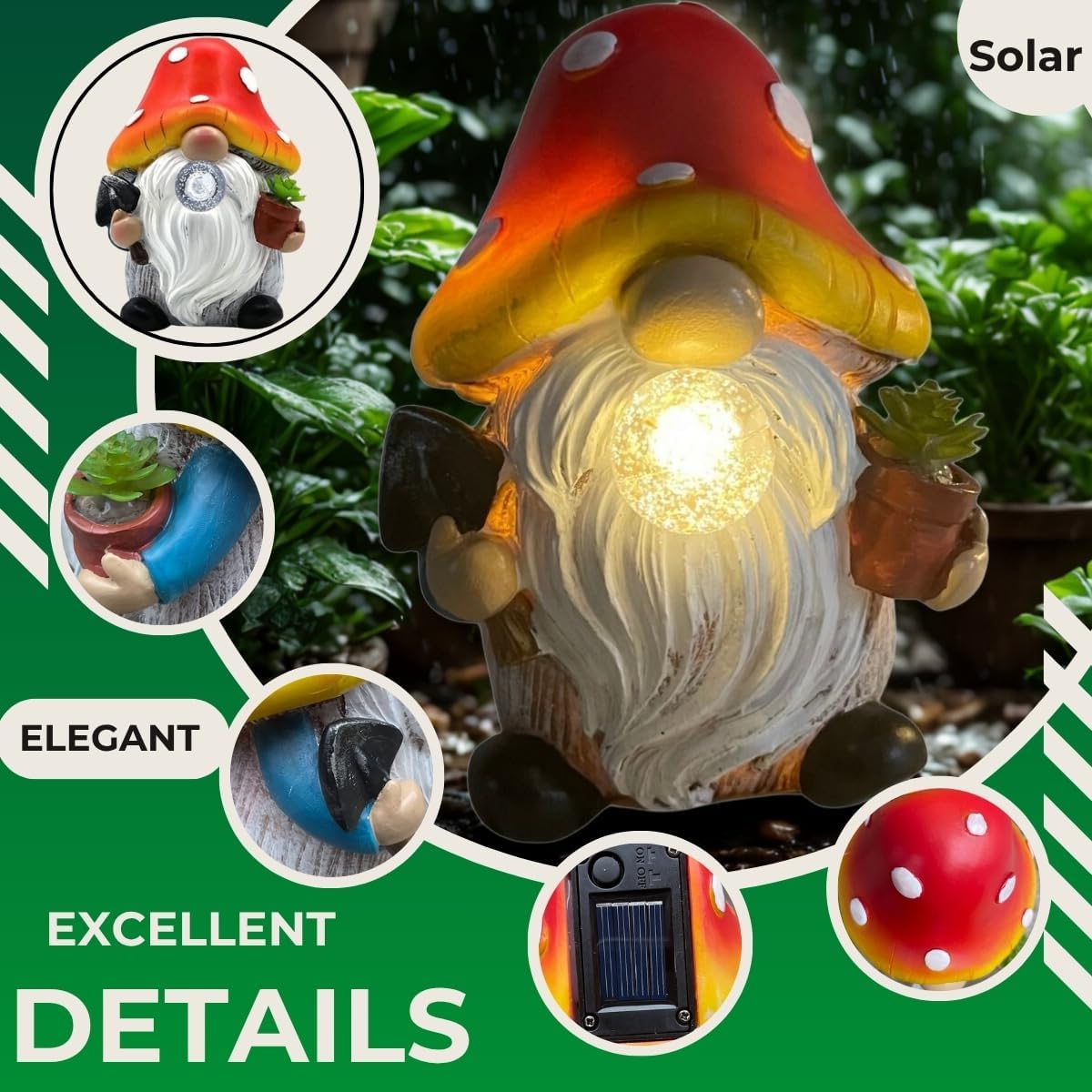 Solar Mushroom Gnomes Garden Statues Outdoor Decor with Night Glow,Cute Fairy Garden Statues for