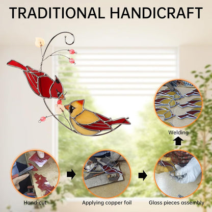 Handmade Cardinal Stained Glass Suncatcher Window Hanging Ornament for Christmas,Mother’s
