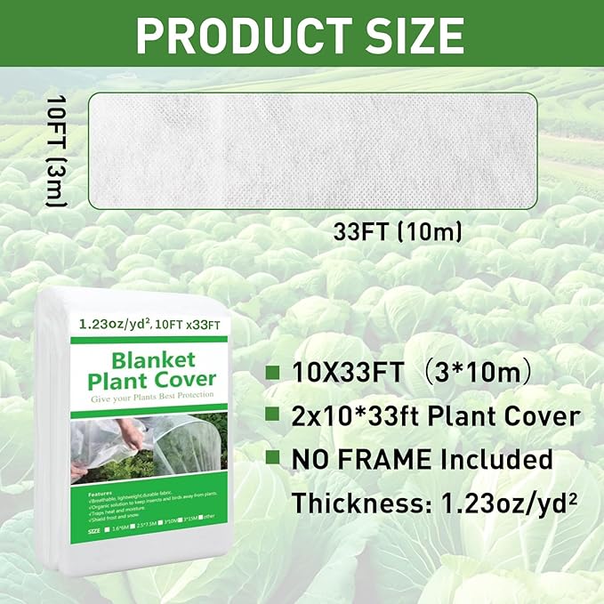 2 Pack Plant Covers Freeze Protection,10ft x 33ft Frost Cloth Plant Cover Blanket for Outdoor