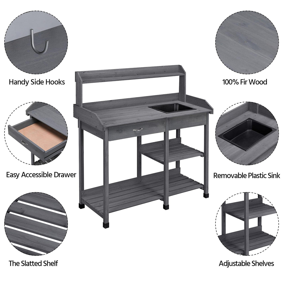 Yaheetech Potting Bench with Sink & Drawer, Outdoor Gardening Table, Gray