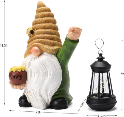 12.3''Solar Garden Gnomes Outdoor Decor Honey Bee jar Gnome Statues with LED Lantern Xmas Patio