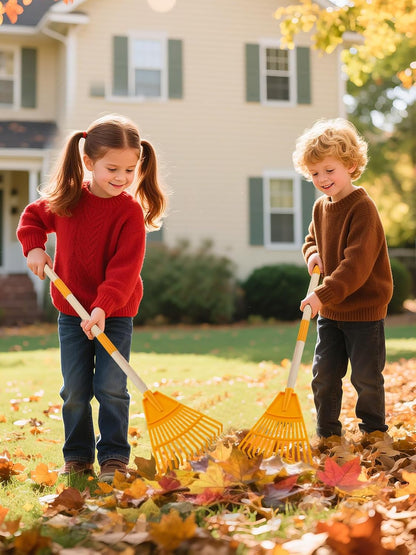 Acostop 2 Pcs Kids Rakes with Wood Handle - 34" Lightweight Plastic Garden Rake for Leaves, Safe to