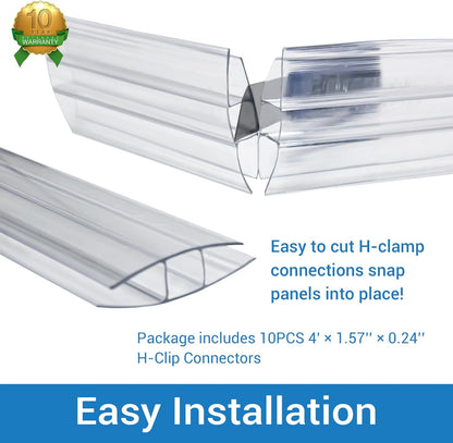 10 PCS Polycarbonate Greenhouse H-Clip Connectors 4ft Length, Fits 0.16’’ & 0.24’’ Twin-Wall