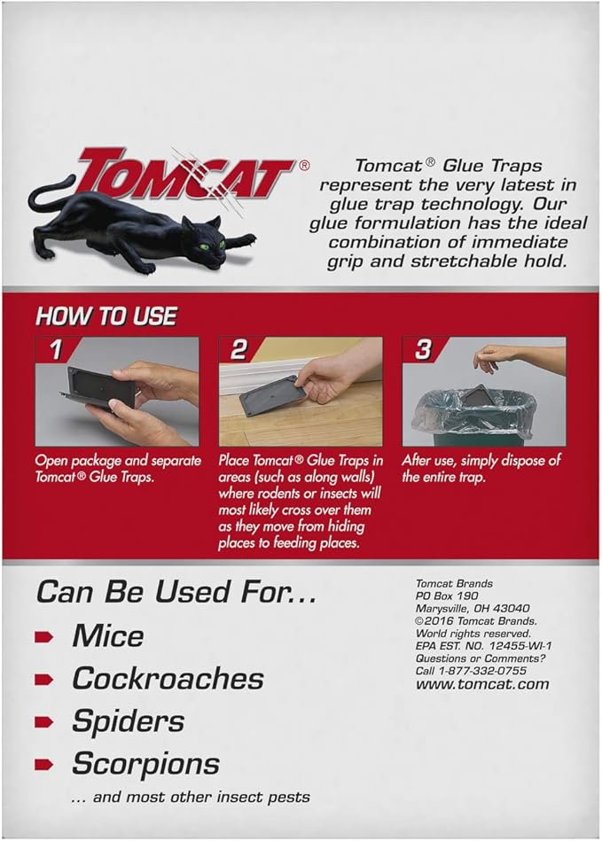Tomcat Mouse Trap with Immediate Grip Glue for Mice, Cockroaches, and Spiders, Ready-to-Use, 4-Pack