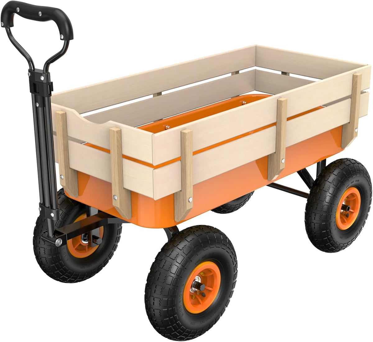 VINGLI Wagon Cart, Steel Frame and Wood Coated Railing, 330lbs All Terrain Wagon 9.2in Solid Tires