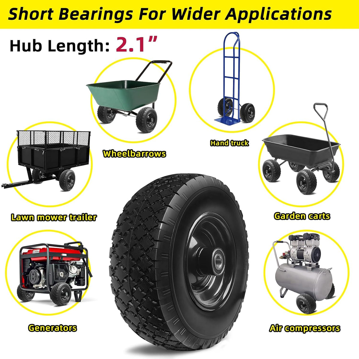 12'' Flat Free Tires Rubber Replacement Solid Tire, 2.1" Offset Hub Wheel Assemblies for Garden