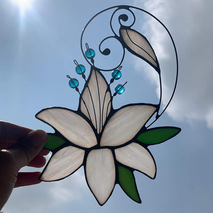 Women Birthday White Lily Flower Gift for Her, Floral Gift Stained Glass Window Hangings Suncatcher