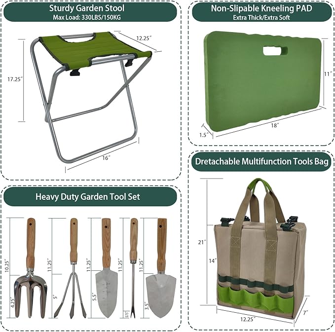 Garden Folding Gardener Stool with Gardening Tools Insulation Garden Bags Plus 5 Garden Tools and