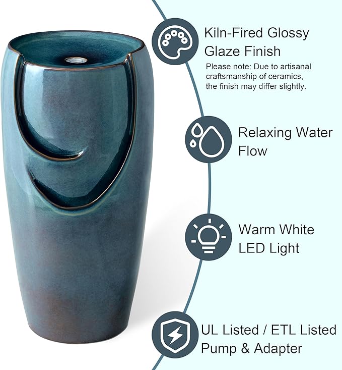 Glitzhome 29.25" H Oversized Ceramic Vase Outdoor Water Fountain Tall Patio Garden Water Fountain