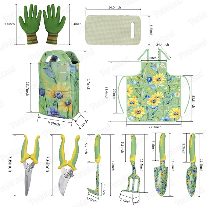 10-Piece Garden Tool Set – Green Floral Gardening Hand Tools with Non-Slip Handles, Heavy Duty