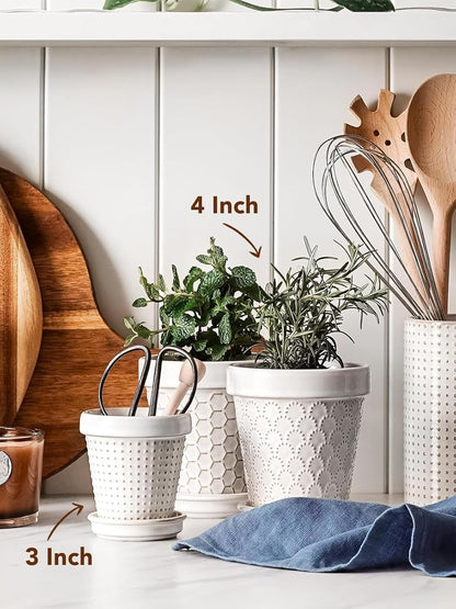 LE TAUCI Ceramic Succulent Pots, 4 Inch Small Plant Pot for Indoor Plant Cactus, Embossed Flower