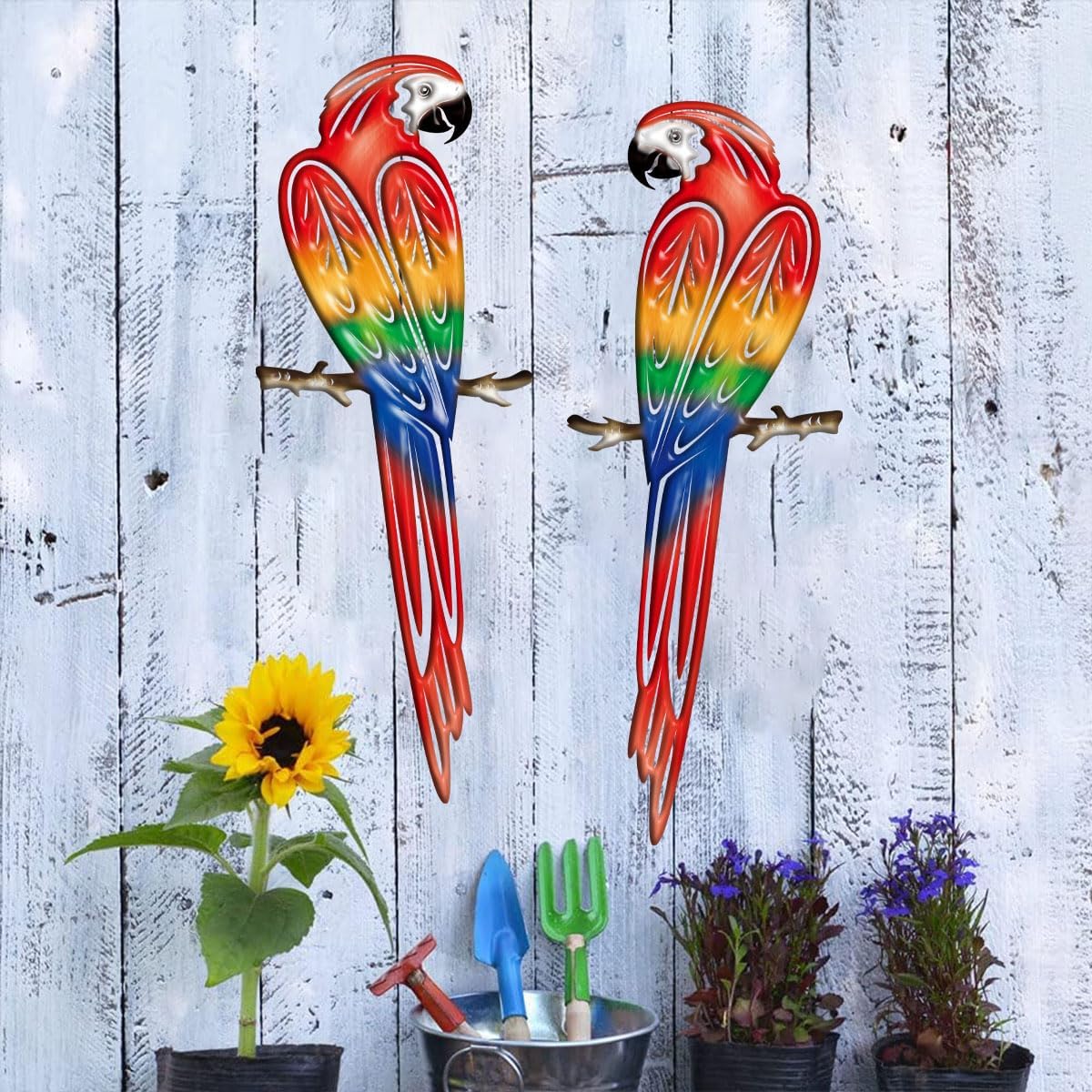 Metal Outdoor Wall Art Decor,3D Colorful Garden Birds Sculpture Outdoor Iron Hanging Parrot Decor