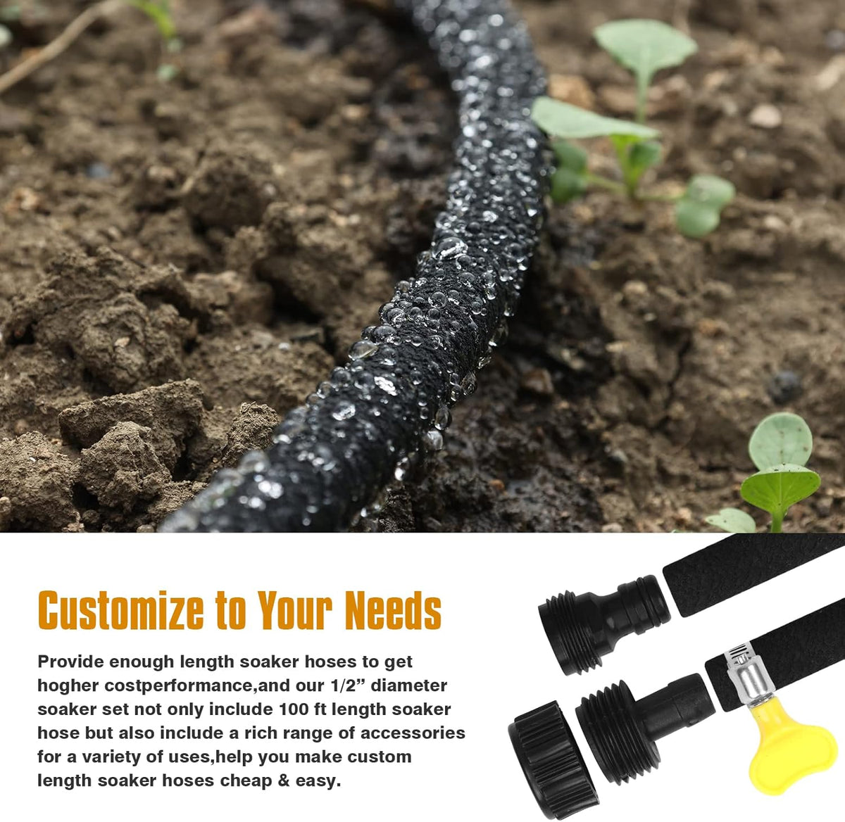 Soaker Hose 150ft for Garden Beds Solid Brass Interface Irrigation Save 70% Water Heavy Duty Rubber
