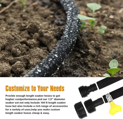 Soaker Hose 150ft for Garden Beds Solid Brass Interface Irrigation Save 70% Water Heavy Duty Rubber