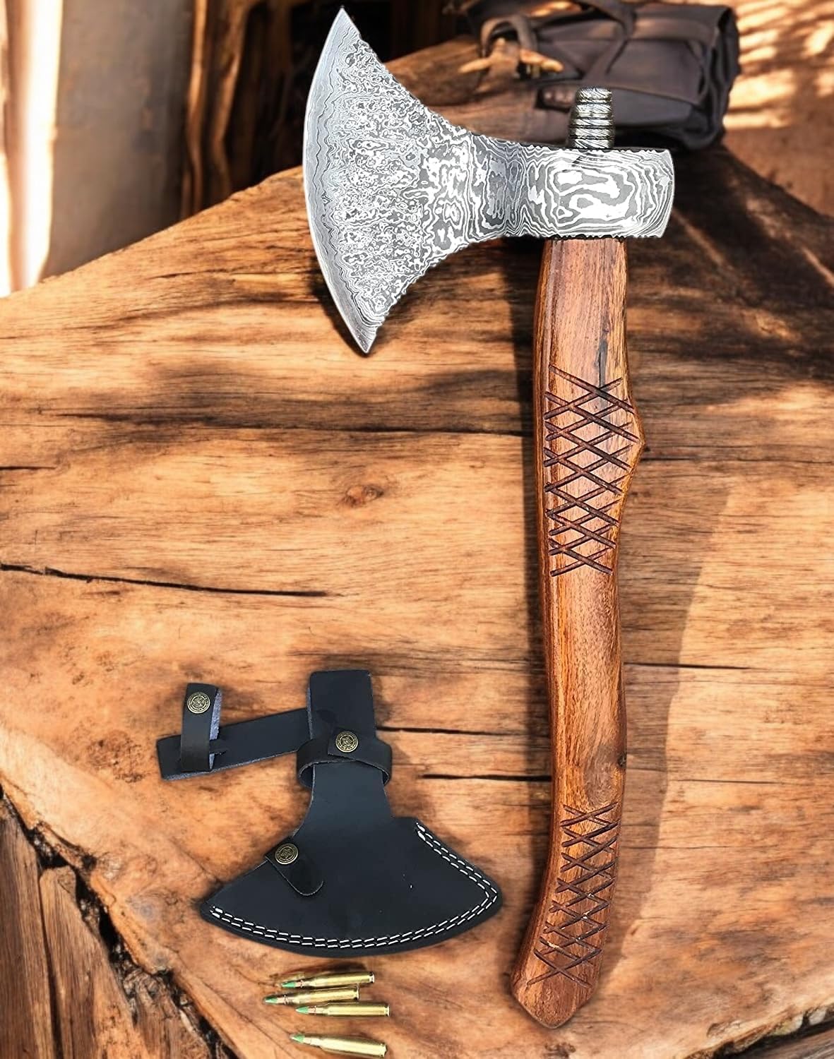 AX-7000 Custom Gift Forged Damascus Steel Vintage Axe with Rose Wood Shaft, Viking Bearded Camping