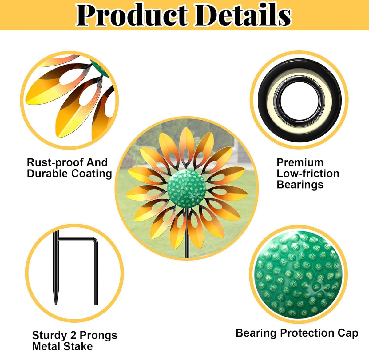 Sunflower Wind Spinners Outdoor, MeyRolizn Metal Pinwheel Wind Sculpture with Stake, Small Windmill