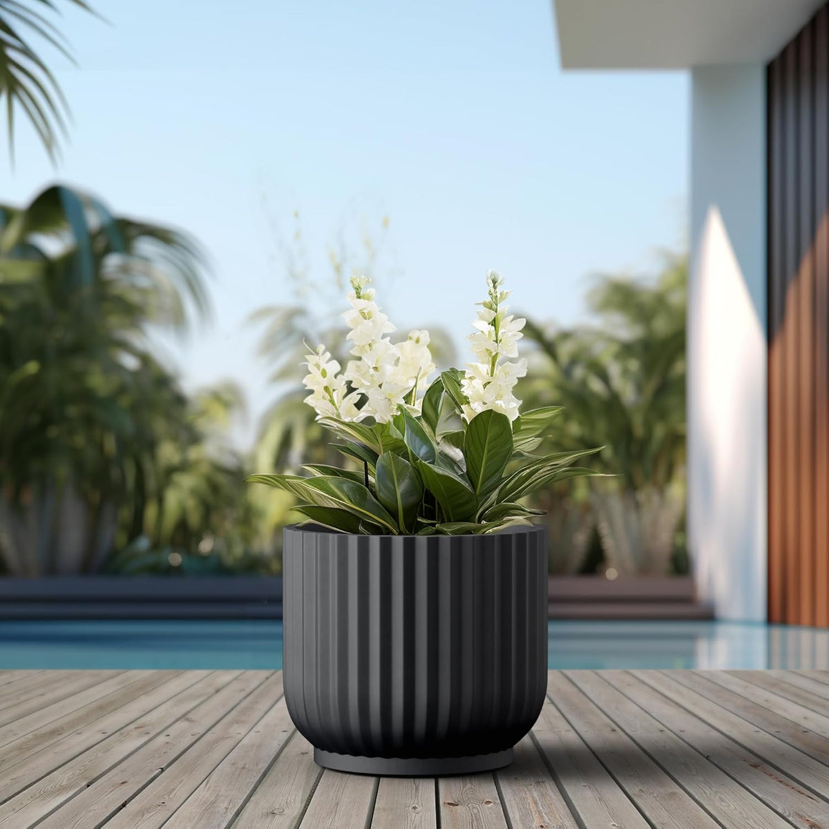 Kante Round Fulted Planter, 16.7 Inch Dia Large Concrete Plant Pots with Drainage Hole and Rubber